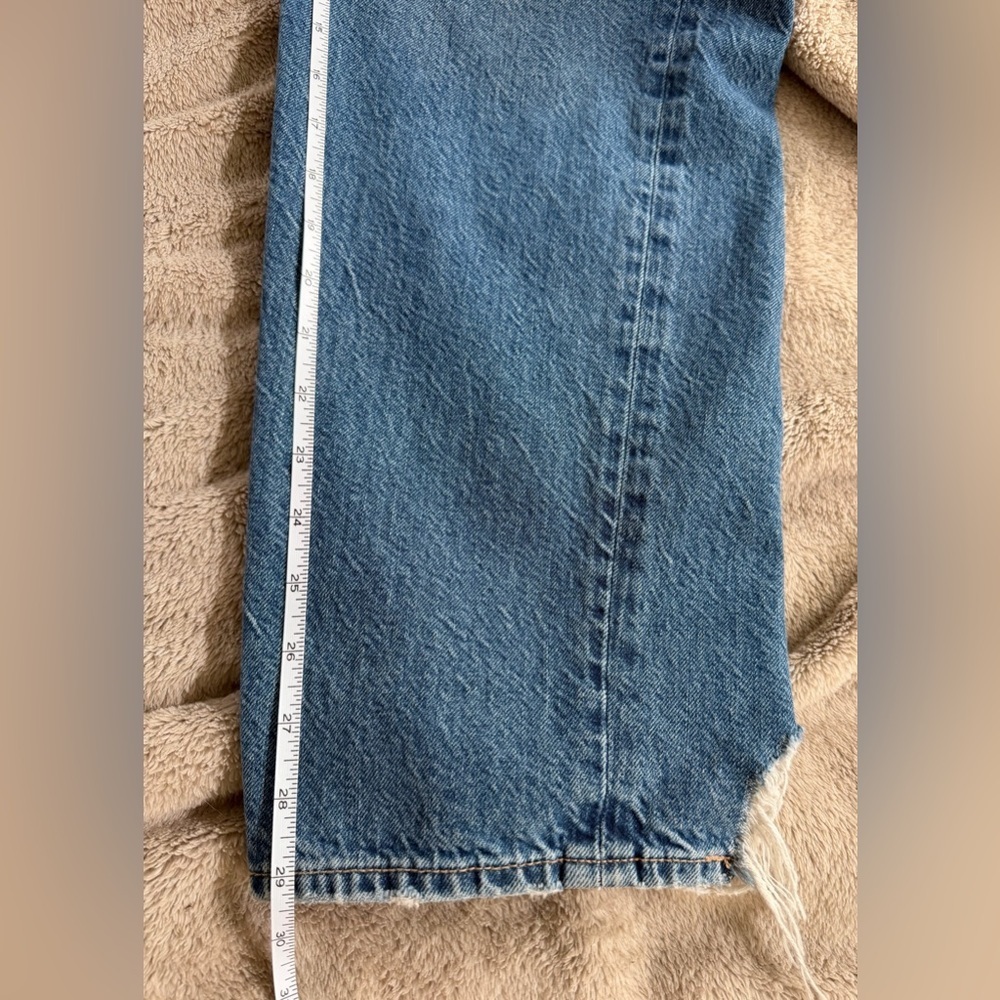 American Eagle Foldover High Waist Straight Leg Jeans, Distressed Blue, 8 Short - Picture 15 of 15